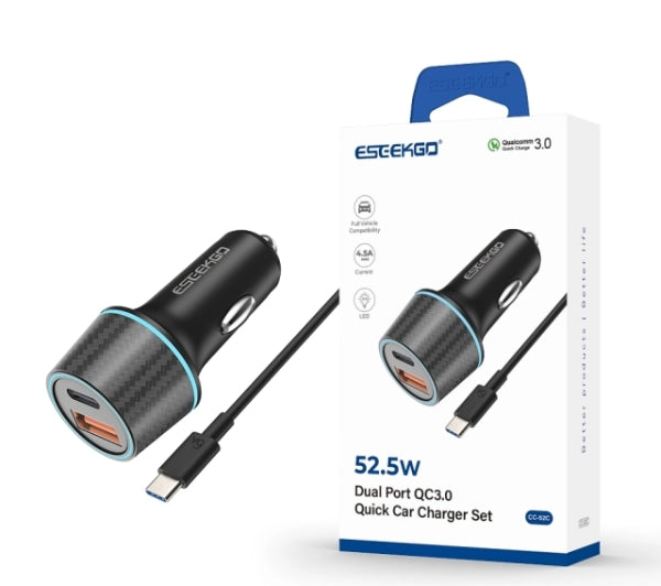 ESEEKGO CC-52C 52.5W QC22.5W+PD30W Car Charger with 3.3FT Type-C To Type-C Charging Cable
