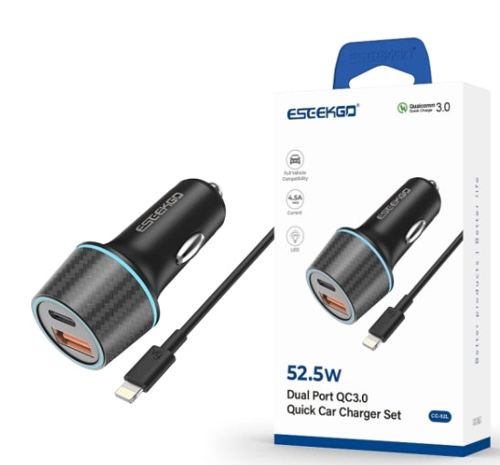 ESEEKGO CC-52L 52.5W QC22.5W+PD30W Car Charger with 3.3FT Type-C To Lightning Charging Cable
